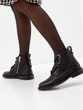 Zadig & Voltaire Black Leather Lace-Up Ankle Boots with Side Zip